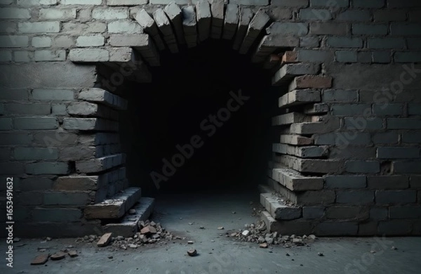 Obraz Weathered brick wall features a gaping hole revealing dark, mysterious void. Textured surface with rough, aged bricks suggests broken passages and untold stories within.