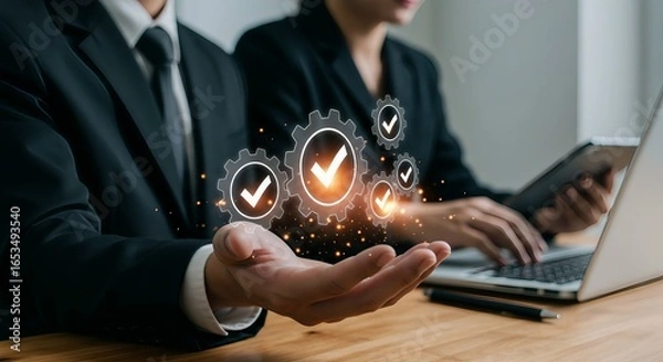 Obraz Business Collaboration and Process Management Interface with Gear Icons and Task Completion Checkmarks in Professional Office Environment