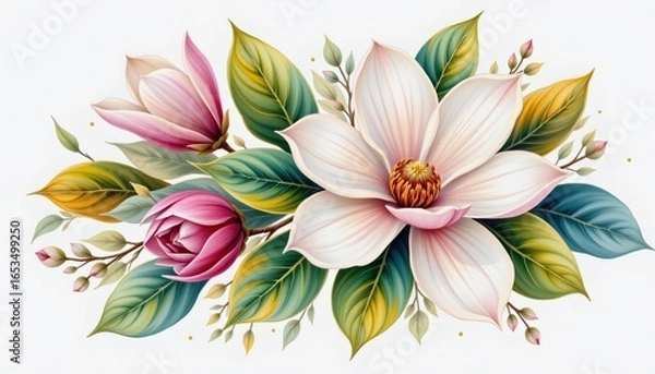 Fototapeta magnolia placed in a loose bouquet rendered as a expressive watercolor on white, with negative space.
