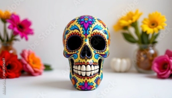 Fototapeta a vibrant festival art of a skull figurine with intricate patterns on a white background with room around.