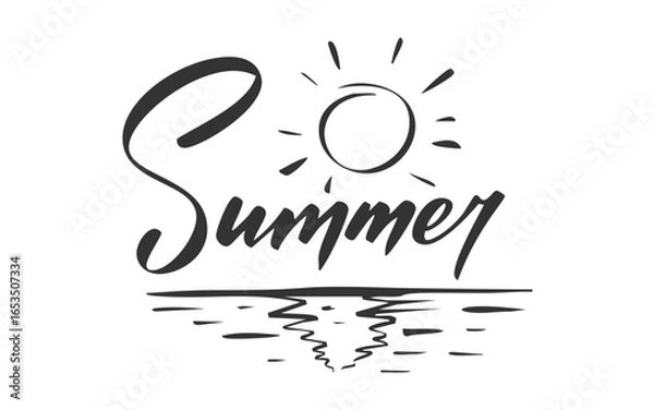Obraz Summer handwritten word by black ink. Glowing sun rays above calm sea reflection ripple horizon sketch style. Brush lettering with shining wave stroke daylight mood heat breeze sunlight ocean beach