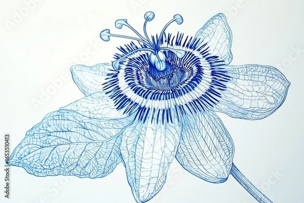 Fototapeta Blue Passion flower,tropical vine,climbing plant.An intricate line art illustration of a blue passion flower, with highly detailed petals and filaments, emphasizing the complex structure