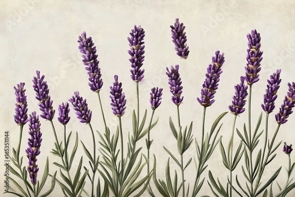 Fototapeta A botanical print of Spanish lavender, with delicate and precise details of the flowers, leaves, and stems.Spanish Lavender,purple bloom,fragrant plant,ornamental shrub.