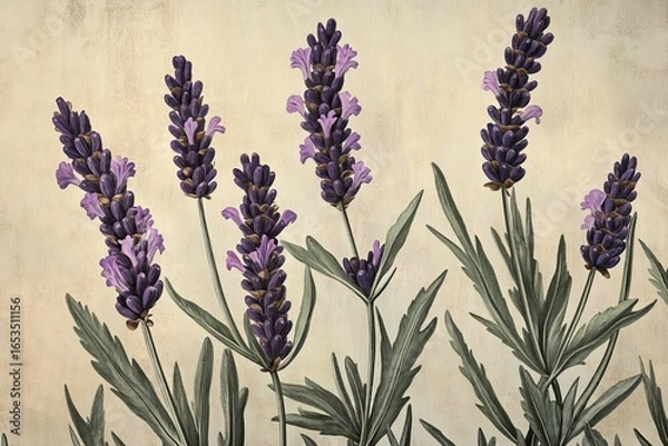 Fototapeta Spanish Lavender,purple bloom,fragrant plant,ornamental shrub.A botanical print of Spanish lavender, with delicate and precise details of the flowers, leaves, and stems
