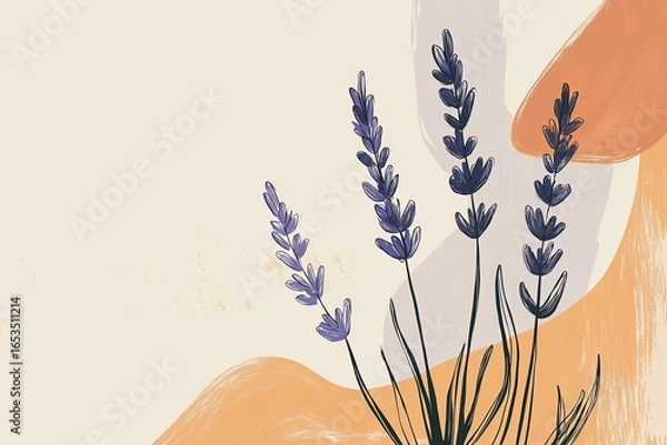 Fototapeta Spanish Lavender,ornamental shrub,purple bloom,fragrant plant.A minimalist illustration of Spanish lavender, using soft, flowing lines and pastel colors