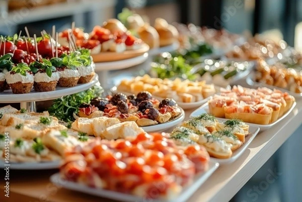 Fototapeta Assortment of colorful finger foods and appetizers including small tarts, mini sandwiches, and skewered bites arranged on white plates in a bright setting