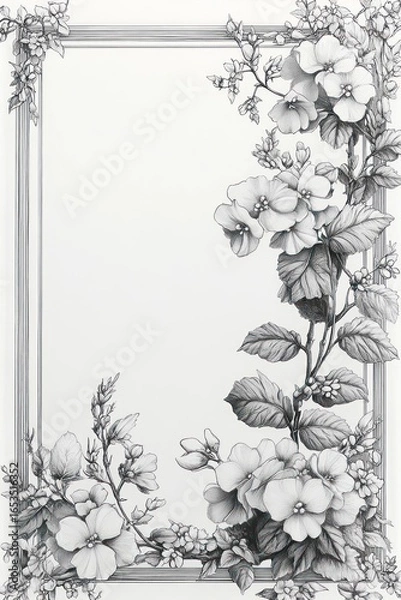 Fototapeta Intricate black and white floral frame with blooming flowers, buds, and leaves surrounding a blank rectangular center space, evoking elegance and natural beauty