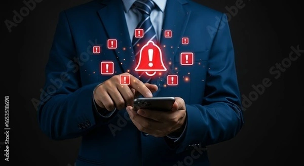 Obraz Cybersecurity Alert Concept Featuring Business Professional in Suit Holding Smartphone with Red Warning Icons Indicating Mobile Threats and Data Breach Risk in Dark Background
