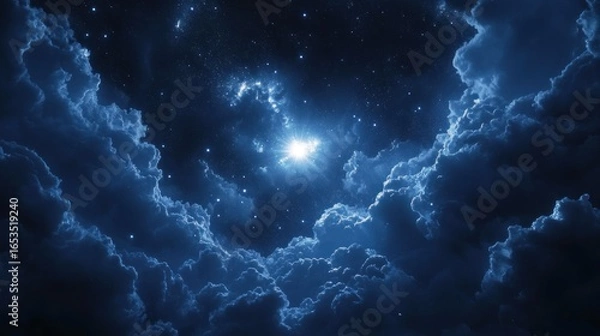 Obraz Starry night sky with bright glowing star shining through thick, dark clouds creating a mystical and serene atmosphere