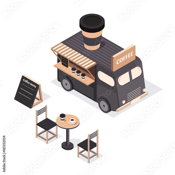 Fototapeta Vector isometric food trucks.