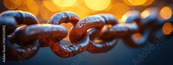 Obraz Close-up of rusty metal chain links with warm glowing bokeh lights in the background creating a dramatic and textured focus effect
