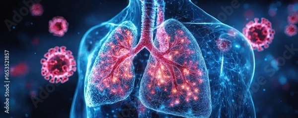 Fototapeta Digital illustration of human lungs highlighting bronchial structures and inflammation caused by virus particles floating around the chest area