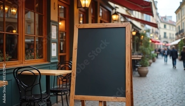 Fototapeta Charming street cafe with empty wooden signboard, inviting outdoor dining experience. Tables, chairs on cobblestone sidewalk. People stroll in background, suggesting urban lifestyle, hospitality.