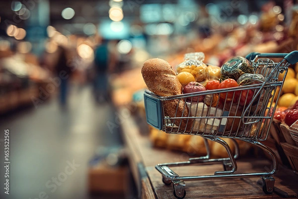 Fototapeta Blue shopping cart filled with various foods in a grocery store with soft lighting, ideal for food product photography or supermarket branding.