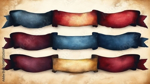 Obraz Set of vintage style curved banners in dark blue, red, maroon, and yellow colors on textured beige background