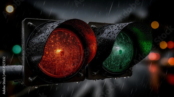 Obraz Traffic Lights Reflected on Glass Symbolizing Rate Changes