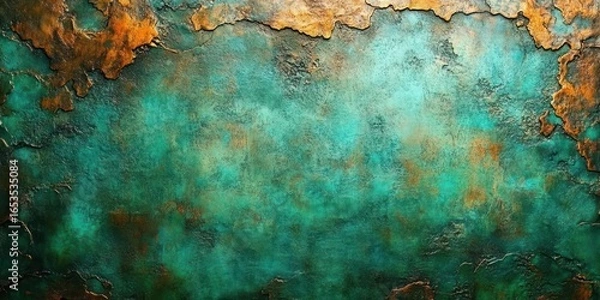 Fototapeta Close-up of an aged, textured metallic surface with peeling turquoise and orange rusted paint creating an abstract weathered pattern