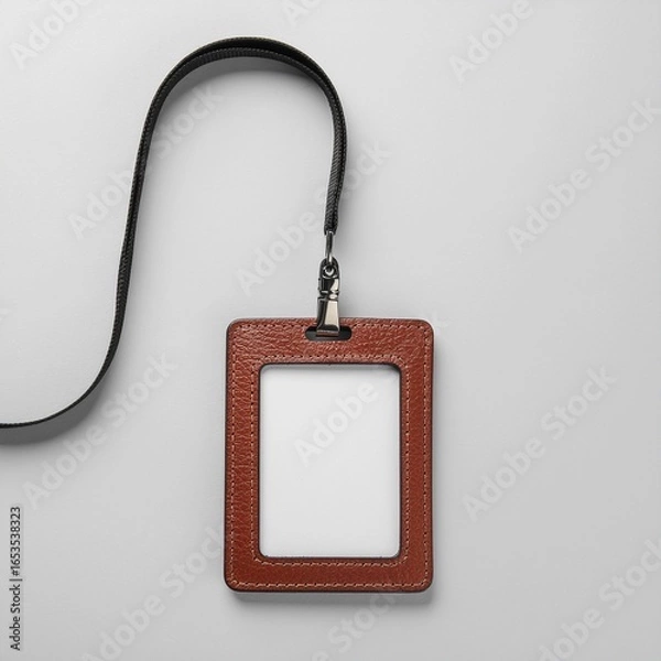 Obraz Brown Leather ID Card Holder Mockup with Lanyard on Plain Background