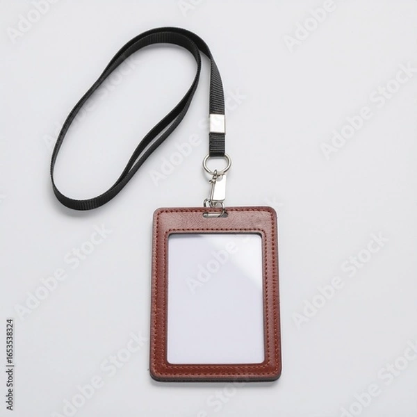 Obraz Brown Leather ID Card Holder Mockup with Lanyard on Plain Background