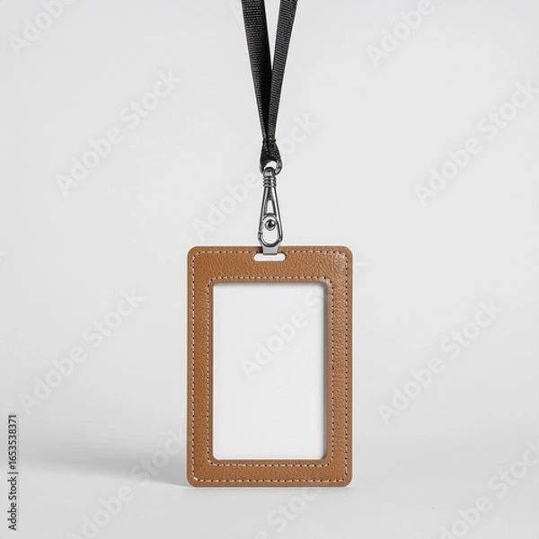 Obraz Brown Leather ID Card Holder Mockup with Lanyard on Plain Background