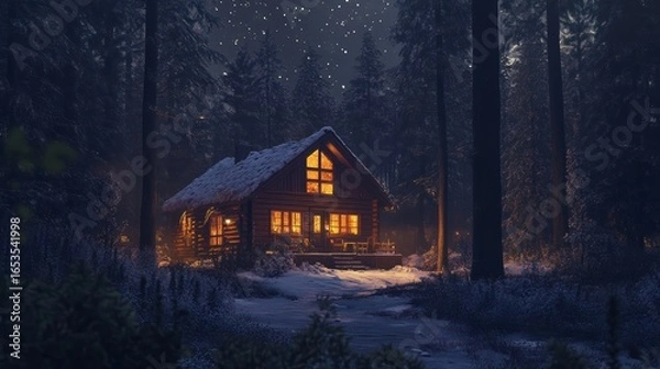 Fototapeta A cozy cabin nestled in a snowy forest, illuminated by warm light, creating a serene and inviting winter atmosphere.