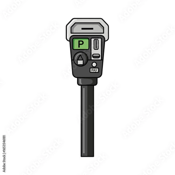 Fototapeta A modern parking meter with a green display and coin slot, mounted on a pole.
