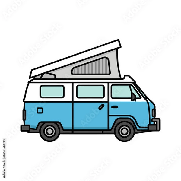Obraz A stylized illustration of a blue and white camper van with its pop-top roof raised, ready for adventure.