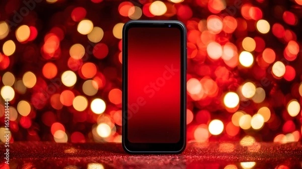 Fototapeta A smart phone rests on a glittering surface, its screen displaying a vibrant red gradient against a backdrop of festive, out-of-focus lights.