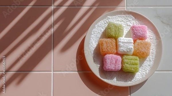 Fototapeta A delicate arrangement of colorful Turkish delight squares, dusted with powdered sugar, sits on a cream-colored plate atop a blush-toned tiled surface, bathed in sunlight.