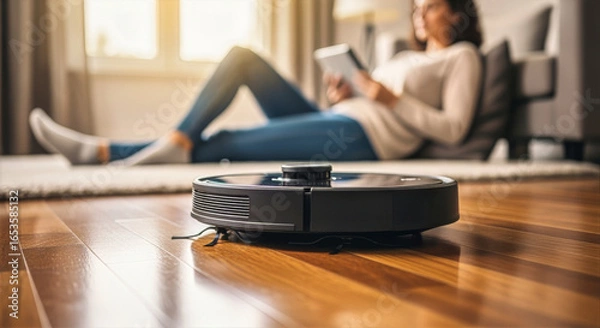 Fototapeta A woman relaxes with a tablet while a robotic vacuum cleaner cleans the hardwood floor in a bright living room