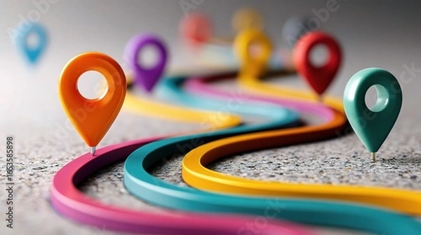 Fototapeta Abstract customer journey concept with colorful location markers on a winding path, symbolizing business progress, transformation, strategy, and digital growth.