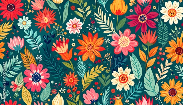 Fototapeta Vibrant Floral Pattern with Diverse Blooms and Foliage on Teal Background