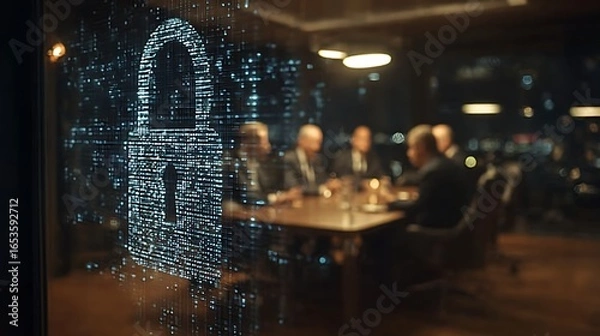 Fototapeta A group of businesspeople in a conference room, discussing a security lock on a glass wall.