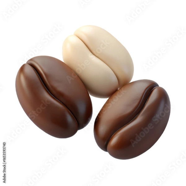 Fototapeta Three distinct coffee beans one light and two dark artfully arranged isolated on transparent background