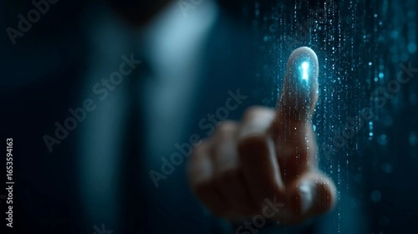 Fototapeta A man in a suit and tie, pointing to a glowing digital lock icon on a blue and black digital screen. The background is a blurred, dark blue digital matrix with a glowing, glowing lock icon.
