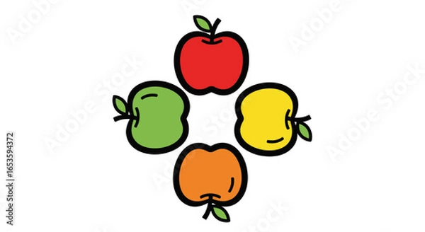 Obraz Four colorful apples in a circular arrangement showcasing diverse varieties and freshness, ideal for themes of health, nutrition, and autumn harvests promoting positive, energetic food choices and