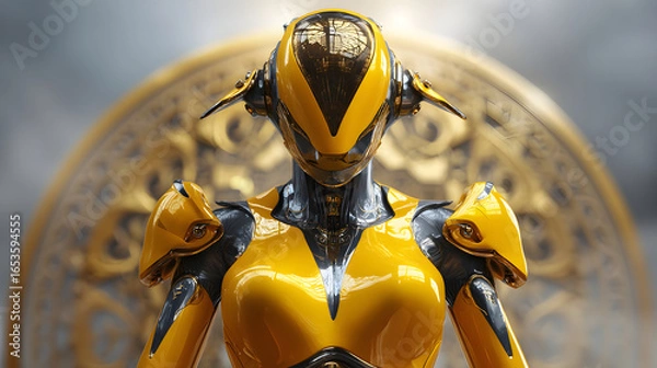 Obraz A stunning image a sleek, golden female robot standing against a blurred backdrop an ornate clock. robot's design highly detailed futuristic.