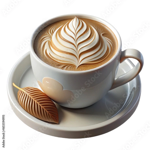 Fototapeta A delicious cup of creamy cappuccino with intricate latte art and a decorative chocolate leaf on a saucer isolated on transparent background