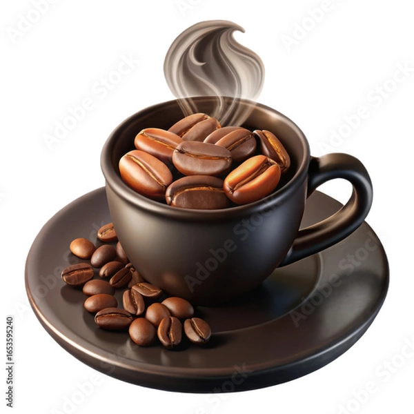 Fototapeta A steaming cup overflowing with roasted coffee beans rests on a saucer with scattered beans isolated on transparent background
