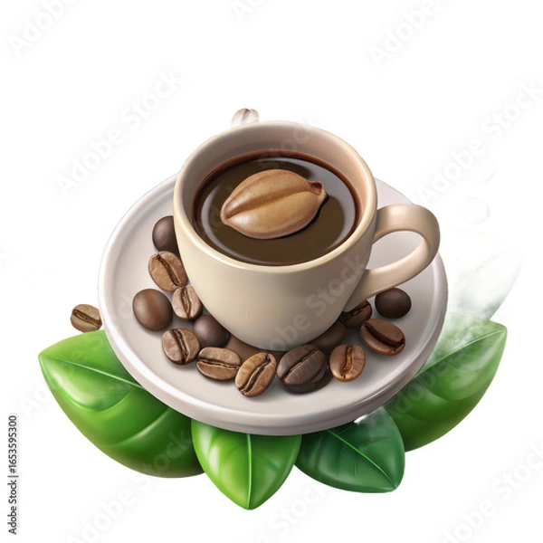 Fototapeta A steaming cup of rich dark coffee with a single coffee bean floating on top surrounded by roasted beans and fresh green leaves isolated on transparent background