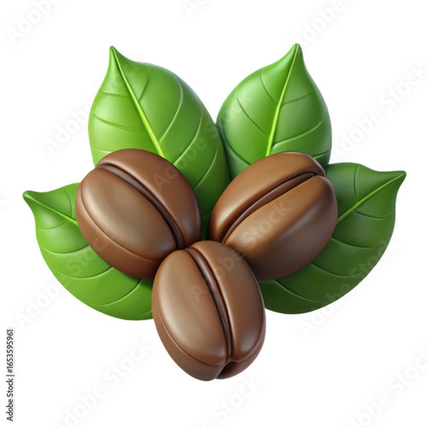 Fototapeta Three rich brown coffee beans artfully arranged with vibrant green leaves isolated on transparent background