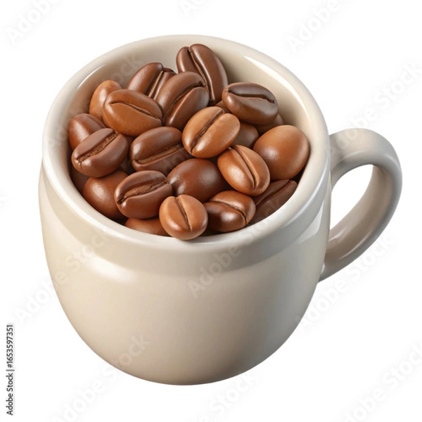 Fototapeta A close up view of a white ceramic cup filled with roasted coffee beans isolated on transparent background