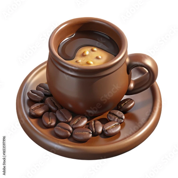 Fototapeta A rustic ceramic cup filled with dark frothy coffee sits on a saucer surrounded by roasted coffee beans isolated on transparent background