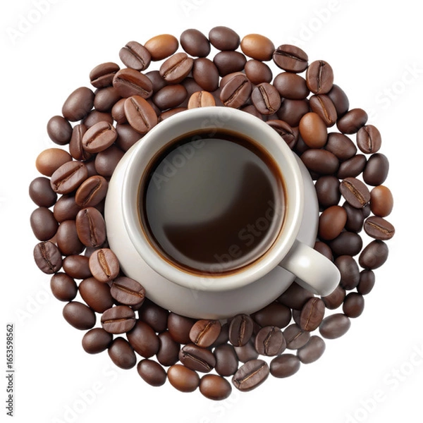 Fototapeta A white ceramic cup filled with dark rich coffee surrounded by roasted coffee beans isolated on transparent background