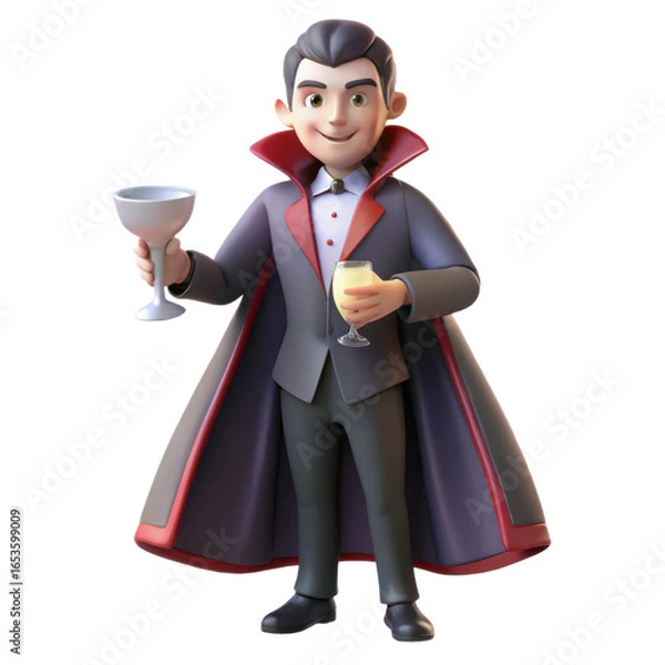 Fototapeta Cartoon vampire character holding goblets of blood isolated on transparent background for halloween design