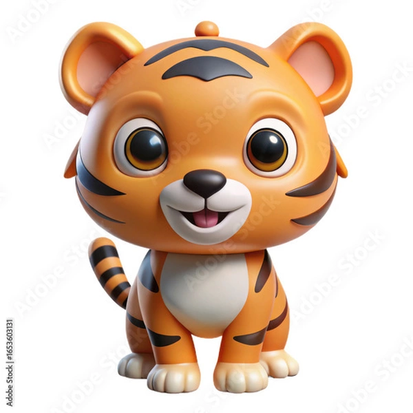 Fototapeta Adorable cartoon tiger cub with big eyes and playful expression isolated on transparent background