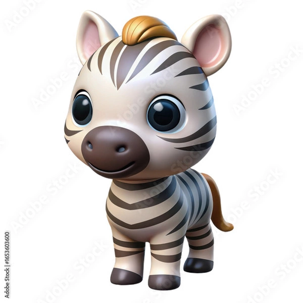 Fototapeta Adorable cartoon baby zebra with big eyes and stripes rendered in 3d isolated on transparent background