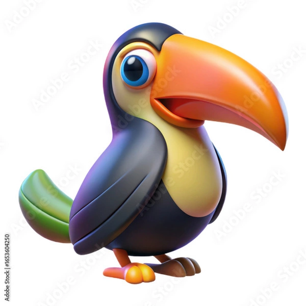 Fototapeta A charming cartoon toucan with a large orange beak and bright blue eyes isolated on transparent background