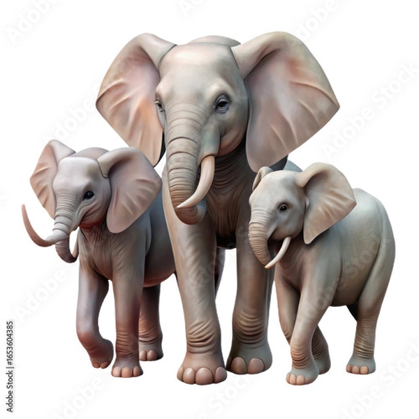 Fototapeta Three realistic white elephants a large adult and two smaller juveniles standing together isolated on transparent background