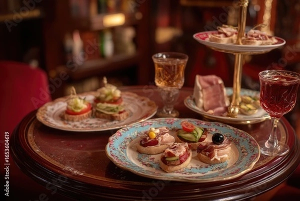 Fototapeta Elegant afternoon tea with appetizers and drinks